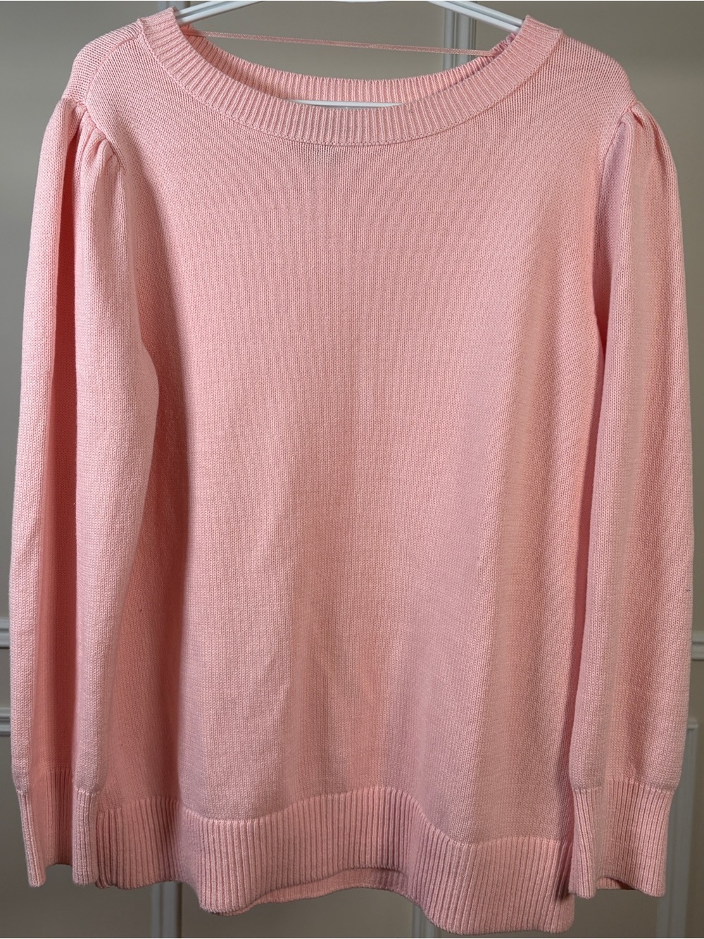 Karen Scott Light Pink Crewneck Sweater Featuring Puff Shoulders & Ribbed Trim